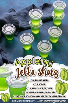 Appletini Jello Shots | St Patricks Day Jello Shots Appletini Jello Shots, Apple Jello Shots Recipes, Green Apple Vodka Jello Shots, Sonic Green Apple Jello Shots, Alien Jello Shots, Midori Jello Shots, Golf Themed Jello Shots, Green Tea Jello Shots, Green Jello Shots Recipe