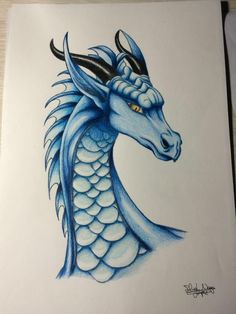 a drawing of a blue dragon with black horns on it's head and tail