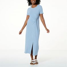 Jaclyn Smith Striped Knit Knot Front T-Shirt Dress    Effortless dressing is at its cutest with this must-have crew-neck dress, featuring a trendy twisted knot that pulls in the silhouette to lightly hug the figure... because even on your most casual days, you deserve to look your best! Casual Knit Loungewear Dress, Striped Crew Neck Dresses For Spring, Jaclyn Smith, Crewneck Dress, Necklines For Dresses, Textured Knit, Look Your Best, Types Of Skirts, Fashion Colours