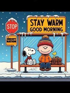 a cartoon character sitting on top of a bench next to a sign that says stay warm good morning