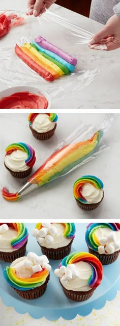 there are cupcakes with rainbow icing on the top and one is being frosted