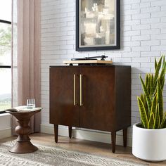 a room with a potted plant and a record player on top of the cabinet