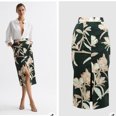 A Vintage Aesthetic Informs The Jackson Midi Skirt, Thanks To Its Charming Floral Print Design. It's A High-Rise Style That Skims The Frame For A Figure-Hugging Look. A Front Slip ... Elegant Floral Print Skirt For Formal Occasions, Elegant Formal Skirt With Floral Print, Elegant Formal Floral Print Skirt, Elegant Green Floral Print Bottoms, Elegant Floral Print Midi Skirt, Formal Fitted Skirt With Floral Print, Formal Floral Long Skirt, Elegant High Waist Floral Print Bottoms, Chic Formal Skirt With Floral Print