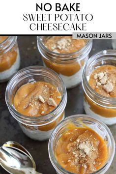 four small glass jars filled with sweet potato cheesecake