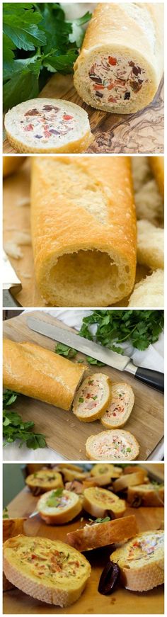 several different types of breads are being sliced and put on a cutting board with parsley