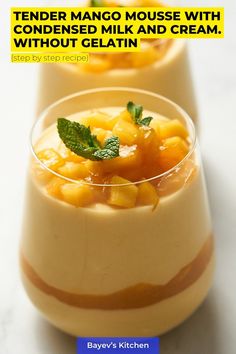 two desserts in small glasses on a white table with the caption tender mango mousse with without gelatin