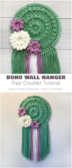 crochet pattern for a boho wall hanging with flowers and fringes on it