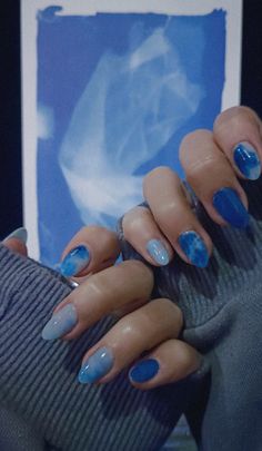 Watercolor blue indigo nail art RM 💙 Indigo Nail Art, Minimal Blue Nails, Rm Indigo Nails, Indigo Nail Designs, Blue Watercolor Nails, New Jeans Nails Kpop, Indigo Blue Nails, Indigo Nails Inspiration, Blue Water Nails