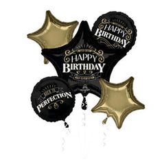 black and gold foil balloons with happy birthday written on the balloon says,'perfection '