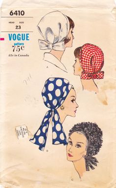 This vintage Vogue sewing pattern was designed in 1965. It makes a draped hat with trim variations. Head Size 23. The pattern is unused and complete but no longer in factory folds. The instructions are included. The envelope has some yellowing but is intact. Please Note - This is an original, vintage sewing pattern - it is not an unauthorized copy or reproduction. To see more fashion accessories patterns: https://www.etsy.com/shop/studioGpatterns?section_id=7261989 To visit my shop: https://www.etsy.com/shop/studioGpatterns Vintage Vogue Patterns, Pattern Draping, Patron Vintage, Vogue Vintage, Fabric Sewing Patterns, Hat Patterns To Sew, Dress Making Patterns, Vogue Pattern, Millinery Hats