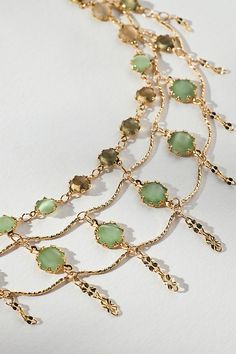 14k gold-plated brass, cateye, glass, resin Lobster clasp Imported | Triple-Layer Crystal Necklace by Anthropologie in Green, Women's, Gold/Plated Brass/Glass Fairy Choker Necklaces, Bohemian Jewelry Necklaces, Fairy Choker, Semi Precious Necklace, Anthropologie Jewelry, Brass Glass, Green Necklace, Choker Necklaces, Jewelry Designs