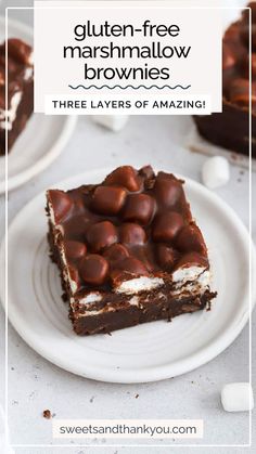 three layers of amazing gluten - free marshmallow brownies with text overlay