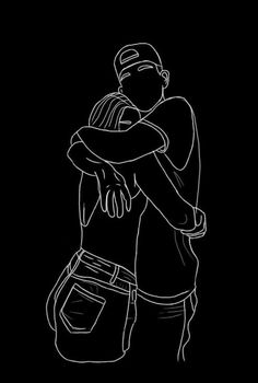 a black and white drawing of two people hugging each other with their arms around one another