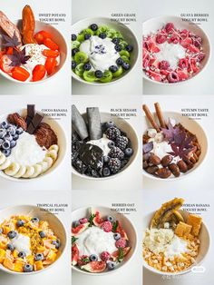 six different types of food in bowls on a white table with the names of each bowl