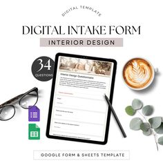 the digital image form for interior design is displayed with glasses, coffee and eyeglasses