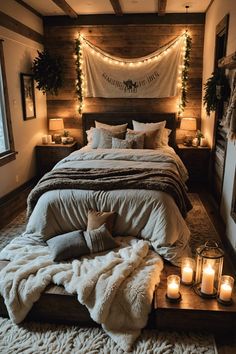 a bedroom with candles and blankets on the bed, lights strung over the headboard