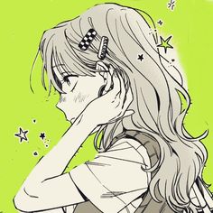 a drawing of a girl with long hair holding her face to her ear and looking at the sky