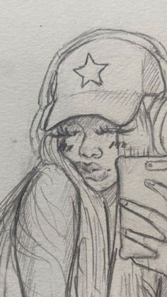 a drawing of a person holding a cell phone and wearing a hat with a star on it