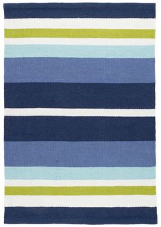 a blue and green striped rug on a white background, with horizontal stripes in different colors