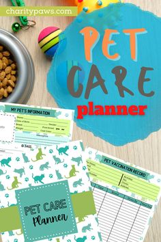 the pet care planner is next to a bowl of dog food and a plate of treats