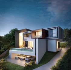 an artist's rendering of a modern house with cars parked in front of it