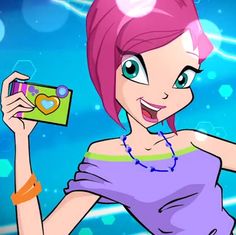 a cartoon girl with pink hair holding up a camera and smiling at the camera man