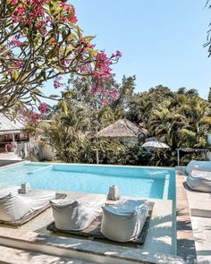 an outdoor pool with lounge chairs and umbrellas next to the swimming pool surrounded by palm trees