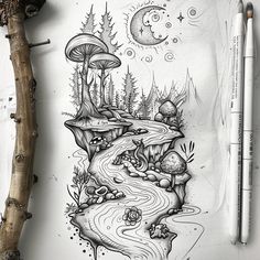 Riverside Tattoo Flash Set Fairy Garden Tattoo Leg Sleeve, Forest Fairy Tattoo Sleeve, Fairy Garden Ideas Tattoo, Goth Cottagecore Tattoo, Trippy Nature Tattoo, Women Nature Tattoos, Magic Aesthetic Tattoo, Forest Themed Tattoos, Woodlands Tattoo