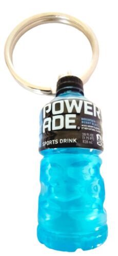 a blue water bottle shaped keychain with the word powerade on it