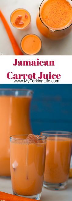 two glasses filled with orange juice on top of a white table next to carrots