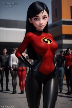 an animated woman in a red and black outfit standing on the street with other people behind her