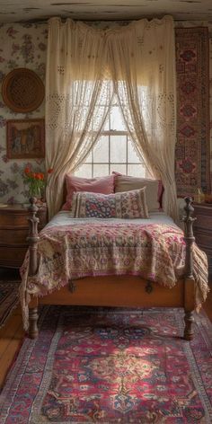 a bed sitting under a window in a bedroom