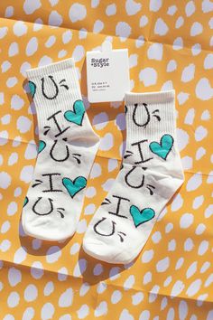 Bold Love Print Socks in Turquoise Show the love with these fun bold print socks. Reading ''I HEART U'' in an abstract print, with black outlines on a white background and a pop of colour to fill the heart. Go bold with these and make everyone's day! Crew length 100% cotton Print pattern Heart motif Fits a UK3-7 or EU34-40 Red Sunnies, Bold Socks, Embroidered Socks, London Boutique, Pink Milk, Print Socks, Heart Motif, Love Print, Black Butterfly