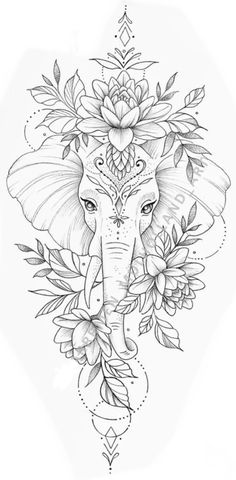 an elephant's head with flowers and leaves on it, in the shape of a flower