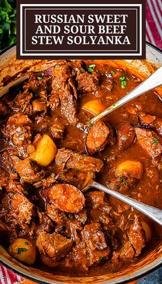 russian sweet and sour beef stew with potatoes in a bowl on a table next to parsley