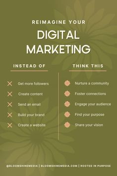 a green poster with the words, remagine your digital marketing instead of think this