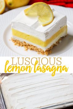 this lemon tart cake has layers of white frosting and topped with fresh lemons