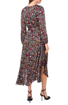 A curved hemline accentuates the flowy silhouette of this graceful floral-print dress. 51" length Hidden back-zip closure V-neck Long sleeves with elastic cuffs Partially lined 100% polyester Dry clean Imported Chic Floral Print Dress With High-low Hem, Chic Floral Print Dresses With High-low Hem, Chic Floral Print High-low Dress, Fitted Floral Print Dress With High-low Hem, Casual Floral Print Midi Dress With High-low Hem, Flowy Floral Print Midi Dress For Fall, Flowy Floral Print Midi Dress With High-low Hem, Flowy Floral Print Midi Dress With Asymmetrical Hem, Casual Midi Dress With Floral Print And High-low Hem