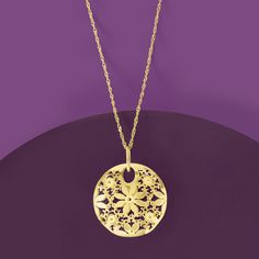 Ross-Simons - Italian 14kt Yellow Gold Circle Flower Pendant. Our openwork 14kt yellow gold pendant features textured and polished floral details that beautifully showcase the artistry and exquisite craftsmanship of Italian artisans. Single bale can accommodate up to a 3mm chain, sold separately. 14kt yellow gold flower pendant. Yellow Gold Flower-shaped 14k Stamped Jewelry, Elegant 14k Stamped Flower Pendant Jewelry, Yellow Gold Flower Diamond Cut Jewelry, Yellow Gold Flower-shaped Diamond Cut Jewelry, Yellow Gold Filigree Jewelry In Flower Shape, Yellow Gold Filigree Flower Shaped Jewelry, Gold Flower-shaped Diamond Cut Jewelry, Yellow Gold Filigree Flower Pendant Jewelry, 14k Gold Filigree Flower Pendant Jewelry