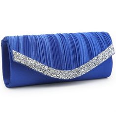 Material:This formal women clutch purse evening bag is made of satin with rhinestone trim and pleated front flap.  Design:Detachable long silver chain strap let you to free your hands and wear it as evening shoulder bag or crossbody purse.  Pockets: Fully lined interior with one slip pocket. Easily fit a cell phone, car keys, wallet, compact, lipstick and other small items.  Size:Approx. Size: 9"W x 3.75"H x 2"D.  Occasions:Lightweight women evening clutch purse, it is a great choice for weddin Satin Clutch Evening Bag For Events, Blue Rhinestone Evening Bag For Party, Blue Clutch Bag For Wedding Guest, Rectangular Satin Evening Bag For Party, Blue Rhinestone Clutch For Party, Blue Rhinestone Evening Bag For Weddings, Satin Clutch Bag For Party, Satin Clutch Evening Bag For Party, Satin Clutch For Parties