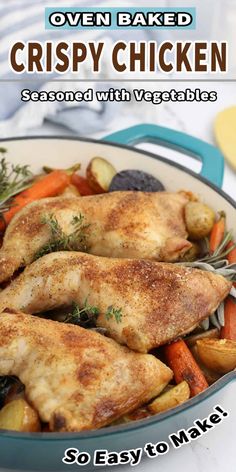 oven baked crispy chicken served with vegetables in a blue pan on a white table