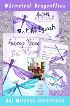 the bat mitzvahh dragonflies birthday party is set up with purple and blue paper