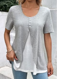 Color:Light Grey Marl;Size:XL;Package Contents:1 X Blouse;Occasion:Other;Style:Casual; Make A Shirt Bigger, T Shirt Upcycling, T Shirt Remake, White Prints, Lovely Tops, Summer Style Casual, Plaid Shorts, Loose Tops, Contrast Stitch