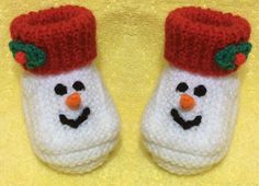 a pair of knitted snowman mittens on a yellow background