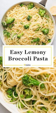 easy lemony broccoli pasta in a white bowl with the title overlay