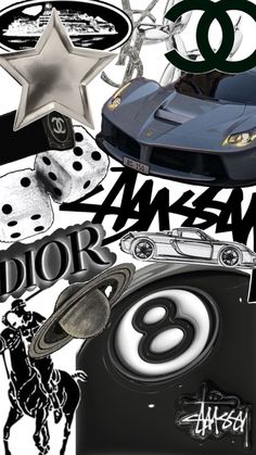 a collage of assorted items including a car, dices and stars