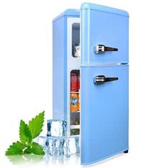 a blue refrigerator freezer sitting next to ice cubes