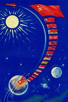 an illustration of a red flag flying in the sky with stars and planets around it