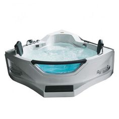 an inflatable hot tub with blue water inside