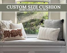 a window sill with pillows on it and the words custom size cushion more fabrics available